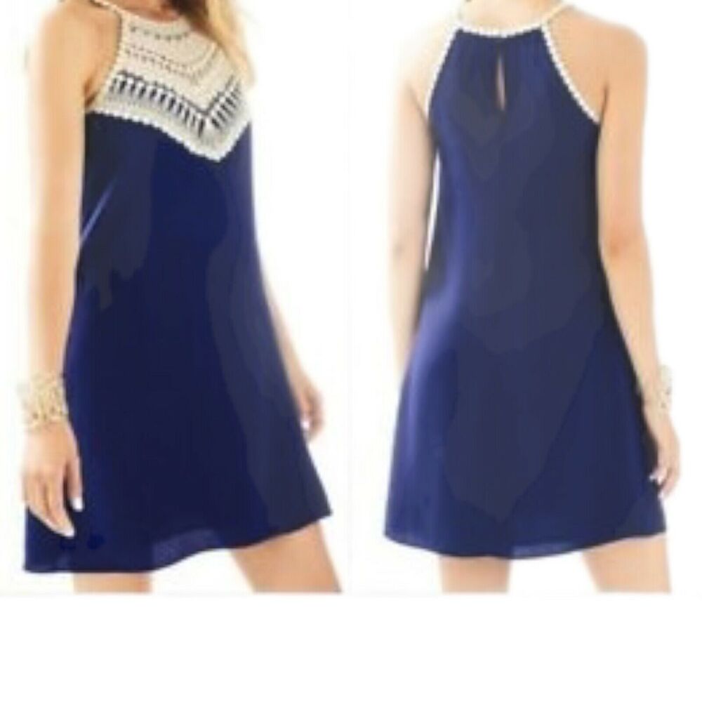 Lilly Pulitzer‎ Navy Cream Gold Crochet Shift Dress Career Business